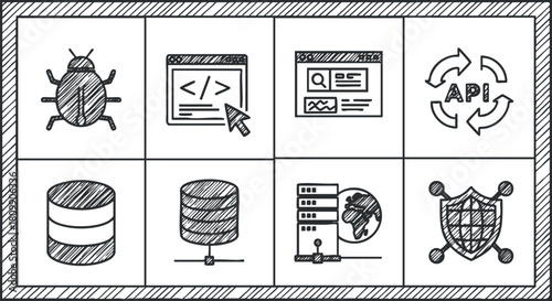 Hand-drawn vector icon set depicting technology concepts including bug, API, database, and security for web development projects