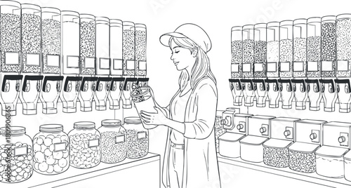 Line art illustration of a woman shopping in a bulk food store with various dispensers and jars for healthy ingredients