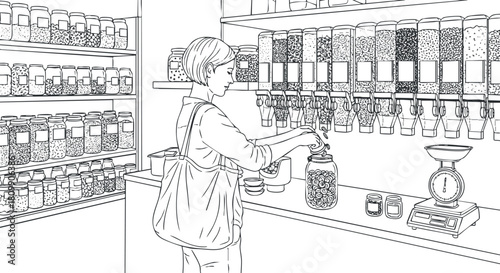 Line art vector illustration of a woman shopping in a bulk food store, showcasing jars and containers for sustainable shopping.