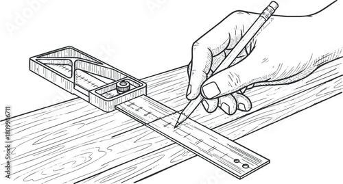 Hand-drawn vector illustration of a hand using a ruler and pencil to mark measurements on wood, ideal for design and craftsmanship projects