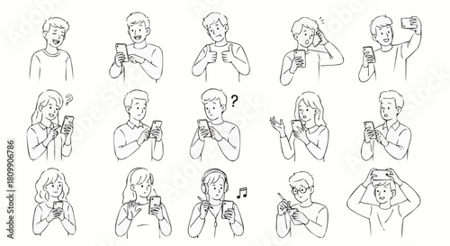 Diverse people using smartphones in various poses and expressions.