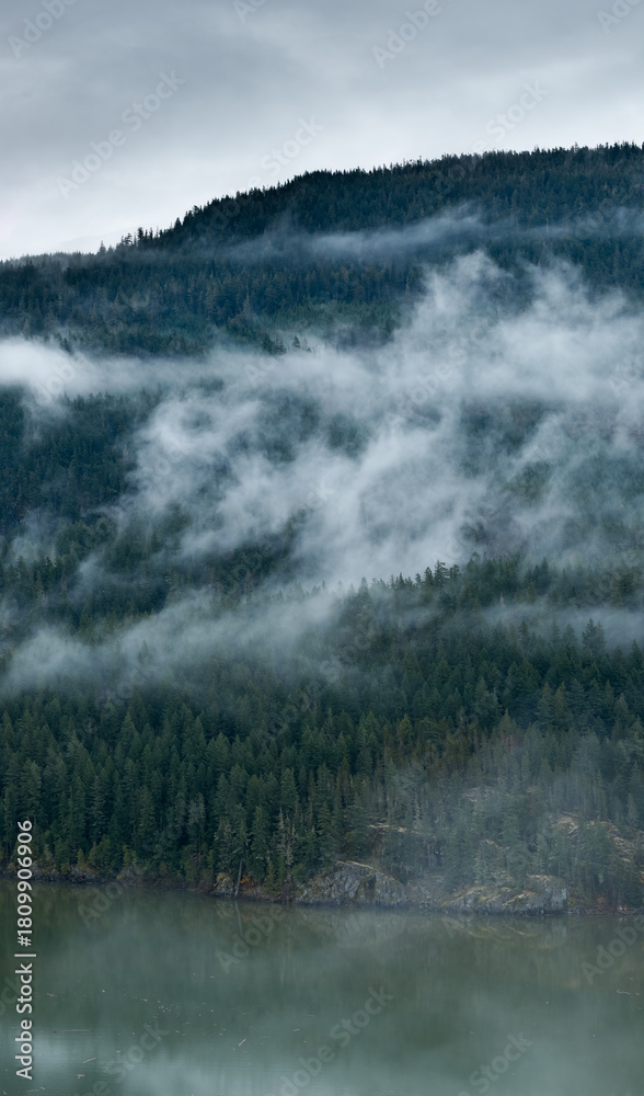Fototapeta premium Misty Forest Ridge Over Foggy Mountain Valley in British Columbia, Canada