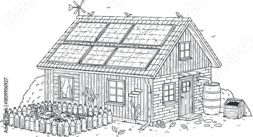Detailed line art illustration of an eco-friendly farmhouse with solar panels, surrounded by a garden and nature elements