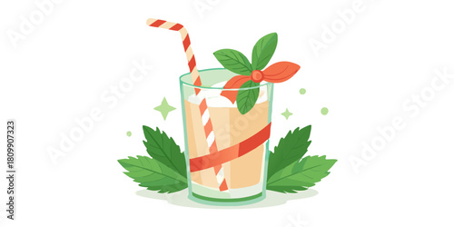Illustration of a glass with a straw and a drink decorated with leaves and a red ribbon design