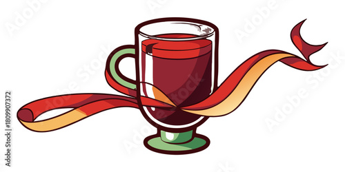 A festive glass mug filled with red liquid and wrapped with a decorative ribbon design element