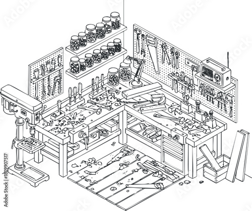 Detailed vector illustration of a woodworking workshop featuring tools, equipment, and organized storage for DIY projects