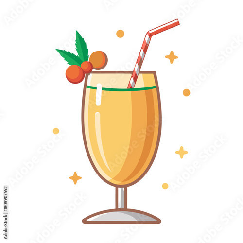 Illustration of a tall glass with an orange drink garnished with berries and a striped straw on white background