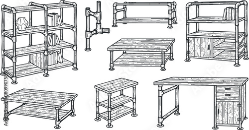 Hand-drawn vector illustration set of various furniture pieces including tables, desks, and shelves for interior design projects
