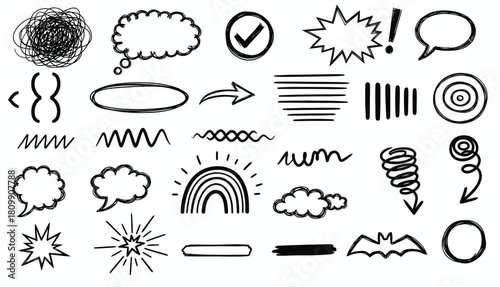 Collection of black and white hand-drawn design elements, perfect for adding a creative touch to any project