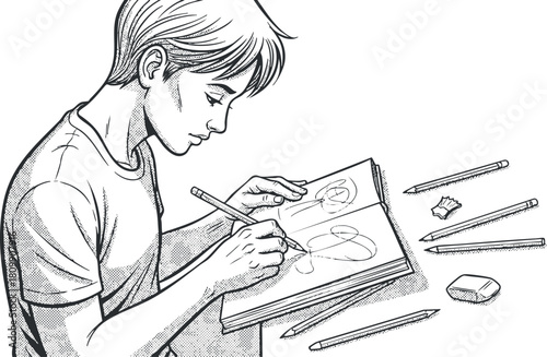 Black and white vector illustration depicting a young artist sketching in a notebook, ideal for creative projects and educational materials