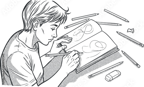 Line art illustration of a young artist sketching in a notebook with drawing tools around, ideal for creative projects and educational materials