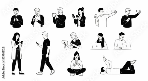 Diverse individuals engrossed in smartphones and laptops, showcasing modern digital engagement.