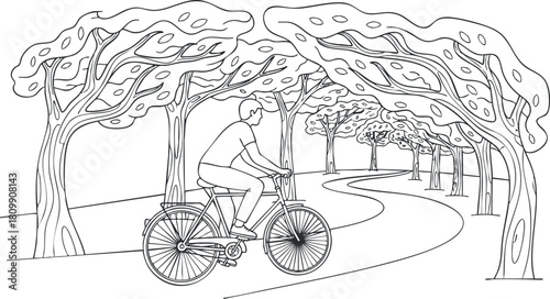 Outline vector illustration of a man riding a bicycle along a winding path surrounded by stylized trees for outdoor and wellness themes
