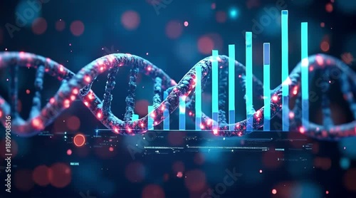 Digital DNA Analysis and Biotech Growth Chart. Illuminated double helix structure with futuristic bar graph showing scientific data and advancements