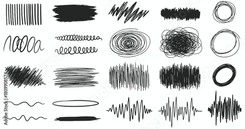 Collection of hand-drawn scribbles and irregular line patterns for graphic design and artistic expression