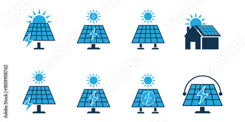 Solar panel icon set representing renewable energy and sustainable power generation