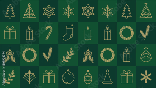 Christmas Icons Pattern on Green Checkerboard Background