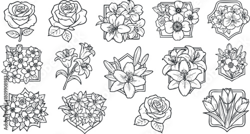 Detailed black and white vector illustration collection of various floral designs featuring roses, lilies, and other flowers for decorative use.