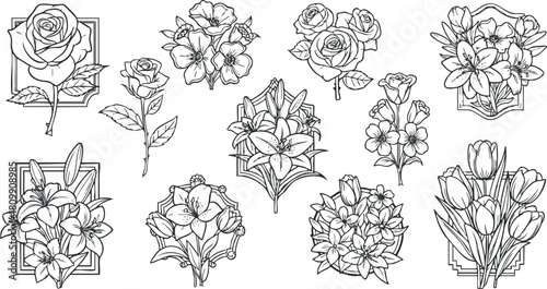 Elegant black and white vector illustration collection of various floral designs, including roses and lilies for decoration and branding