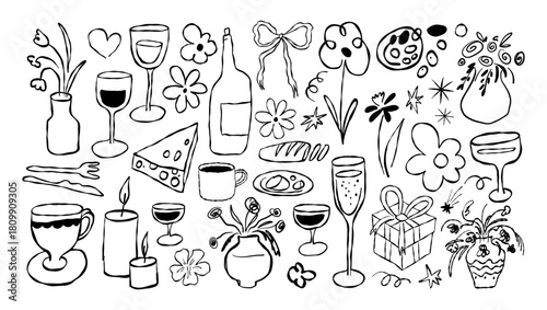 Vector hand drawn quirky doodle illustration, wine party, menu bar cover, party invitation banner