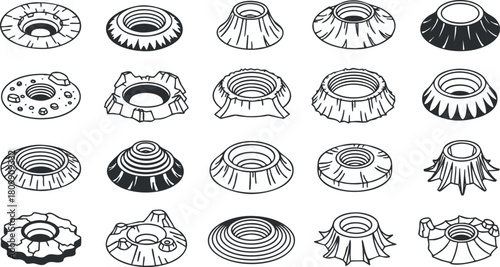 Outline vector icon set featuring various industrial components and mechanical parts for design and engineering projects