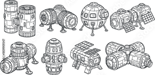 Outline vector illustration of futuristic space vehicles and modules, suitable for science fiction and technology projects