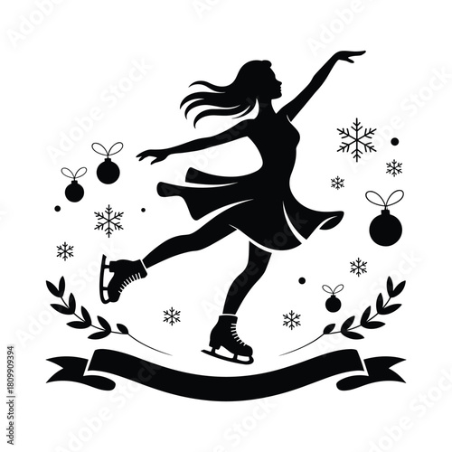 Elegant Ice Skating Girl Silhouette with Snowflakes and Festive Winter Holiday Illustration Vector Art