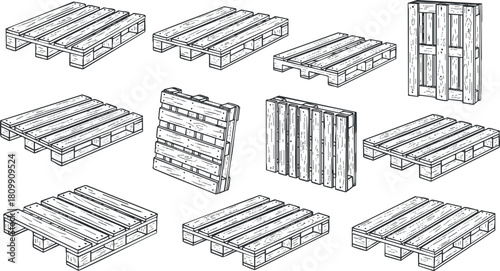 Set of minimalist vector illustrations showcasing various wooden pallets in a clean, geometric style for logistics and design projects