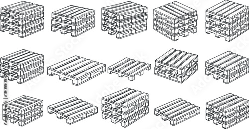 Outline vector illustration of wooden pallets in various arrangements for logistics and shipping design projects
