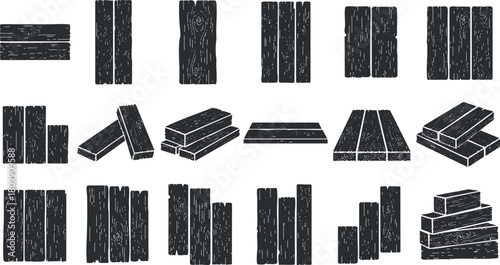 Vector illustration set of various wooden planks and timber pieces in a minimalist black and white style for design projects