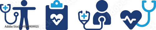 medical, examination, doctor, patient, stethoscope, heart, health, cardiology, pulse, heartbeat, vital signs, checkup, diagnosis, care, clinic, hospital, icon, symbol, silhouette, blue, human, person,