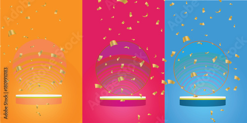 Set of 3d background with cylinder pedestal podium in pink, orange, blue with glowing glitter background. Abstract minimal wall scene mockup products display, Stage showcase