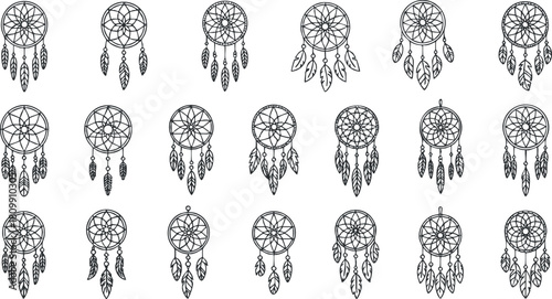 Set of minimalist black outline vector illustrations featuring various dreamcatchers, ideal for bohemian-themed designs and decor.