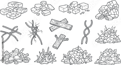 Outline vector illustration of various rocks, stones, and wood pieces ideal for nature-themed designs and outdoor projects