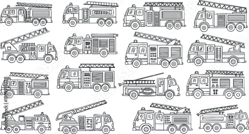 Outline vector illustration set of various fire trucks and emergency vehicles in a monochrome style for safety and rescue themes