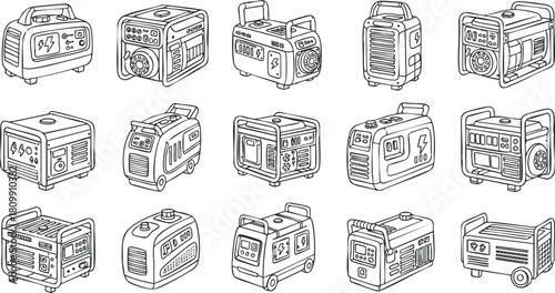 Collection of outline vector illustrations depicting various types of portable generators, perfect for technology and equipment designs.