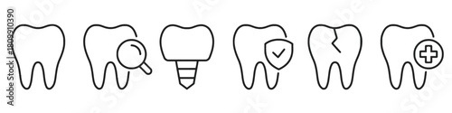 graphic, simple, implant, teeth, shield, set, plus, crack, line, dental, design, medical, description:, representing, care, symbol, collection, vector, icon, depict, broken, icons, examination, sign, 