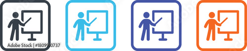 presentation, icon, symbol, person, man, screen, display, board, teaching, training, lecture, business, education, meeting, conference, dark gray, light blue, dark blue, orange, set, collection, graph
