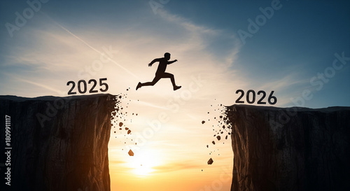 Man jumping over a gap from 2025 to 2026