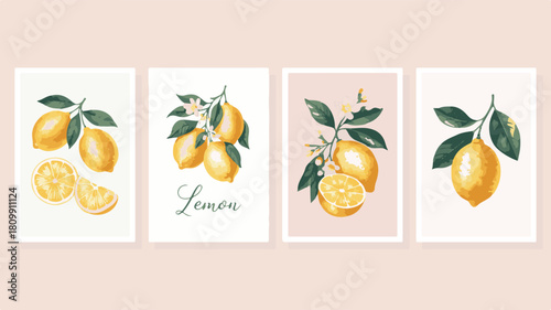 Four Illustrated Lemon Cards With Leaves And Flowers Keywords: lemon, fruit, citrus, yellow