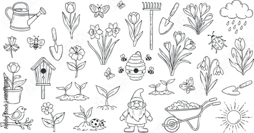 Hand-drawn collection of gardening-themed vector illustrations featuring flowers, tools, insects, and nature elements for creative projects.