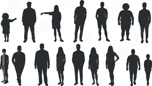 Silhouette vector illustration set featuring diverse human figures in various poses for design and branding projects