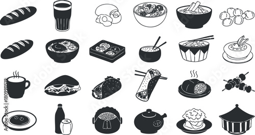 Collection of black and white vector icons featuring various food items, beverages, and dishes for restaurant menus and culinary design