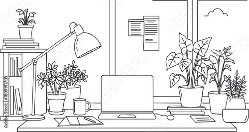 Minimalist line art illustration of a modern home office workspace featuring plants, a desk lamp, and a laptop