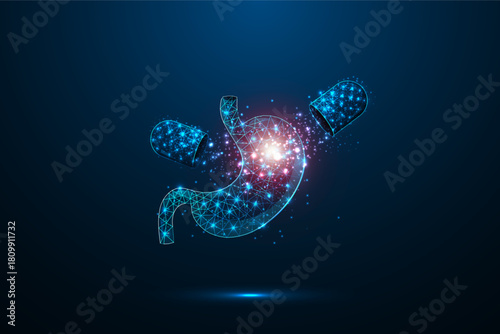 Human stomach abstract 3D with open capsule, pill and drug, organ anatomy with low poly wireframe geometric design. Concept gastric care and futuristic technology. Vector illustration.