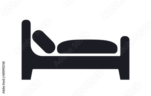 bed, icon, symbol, furniture, sleep, rest, bedroom, hotel, lodging, accommodation, interior, design, graphic, vector, silhouette, dark gray, white background, isolated