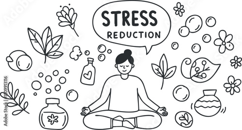 Minimalist black and white vector illustration depicting stress reduction concepts with a person meditating among nature elements and wellness symbols