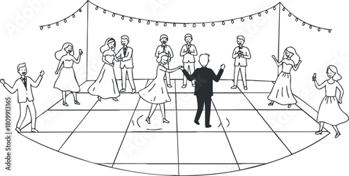 Line art vector illustration of a joyful wedding dance scene with couples and guests celebrating together