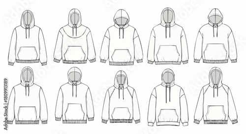 Collection of various hoodie designs in a line art style.
