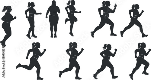 Silhouette vector icon set showing various running poses of women, perfect for fitness and health-related designs